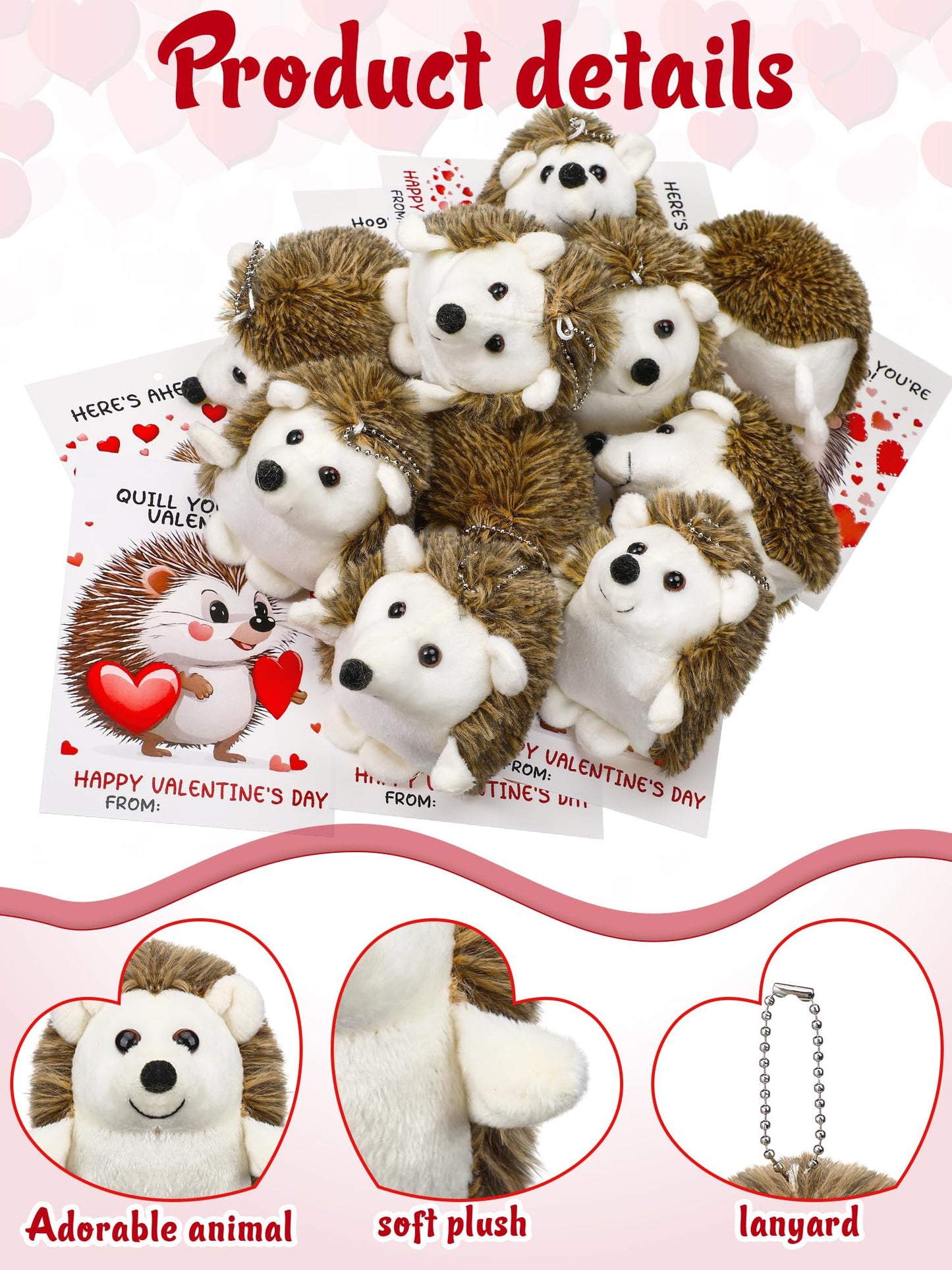 Blueweenly 24 Sets Valentines Day Gifts Mini Hedgehog Stuffs Bulk With Hedgehog Themed Cards Animal Plush Stuffed Keychain Frien