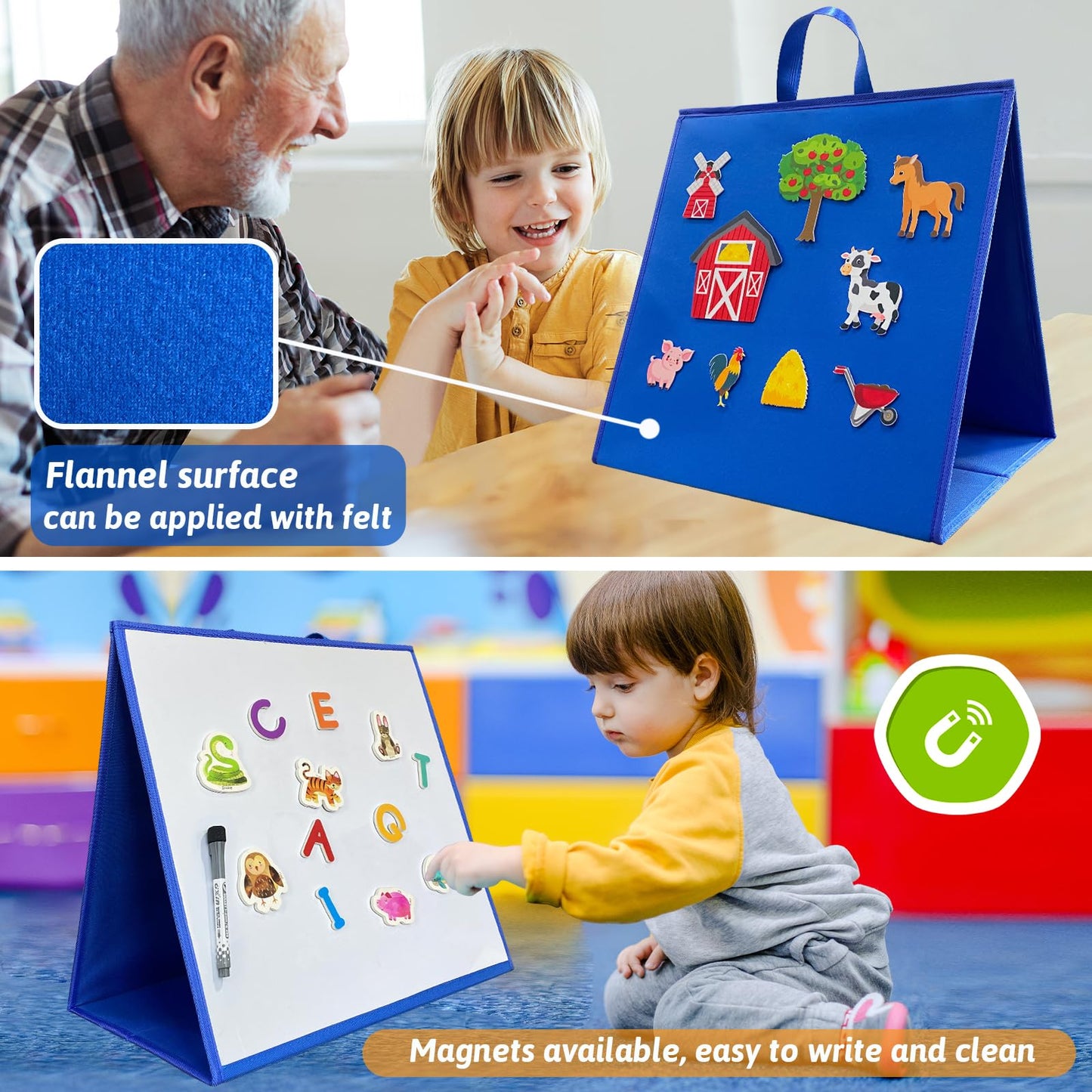 Felt Flannel Board/Dry Erase White Board for Toddlers,17.3 * 17.3in,Double-Sided,Folding,Standing,for Wall,Classroom,Preschool,K