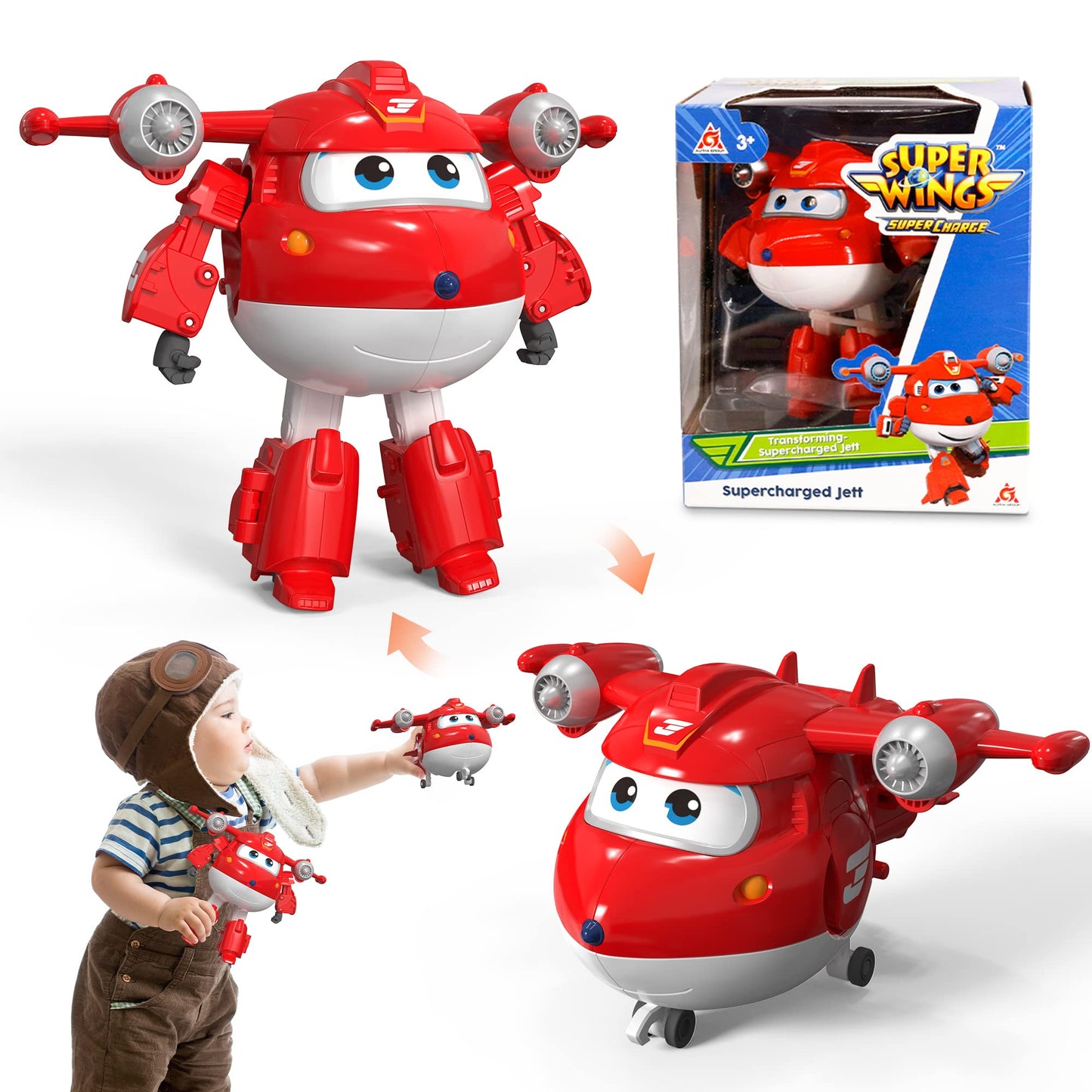 Super Wings 5' Transforming Supercharged Jett Airplane Toys, Action Figure, Airplane To Robot, Season 4 Transformer Toys, Gifts For 3+ Year Old Kids, Toys Plane Vehicle For Preschool Kids Play White