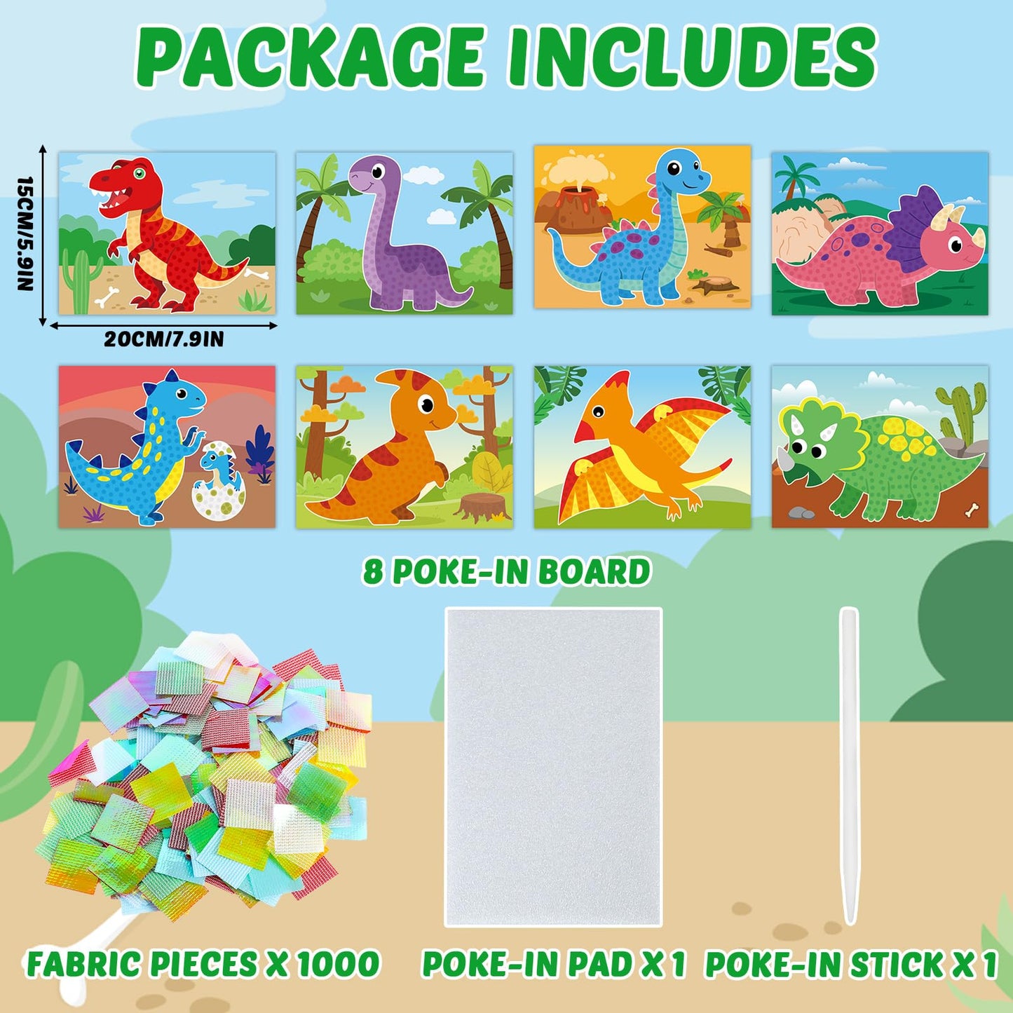 Lonfliness 8PCS Dinosaur Theme Art Kit, No-Mess Sewing Puzzle, 7.9x5.9 inches, Colorful Foam & Fabric, Model LF0870