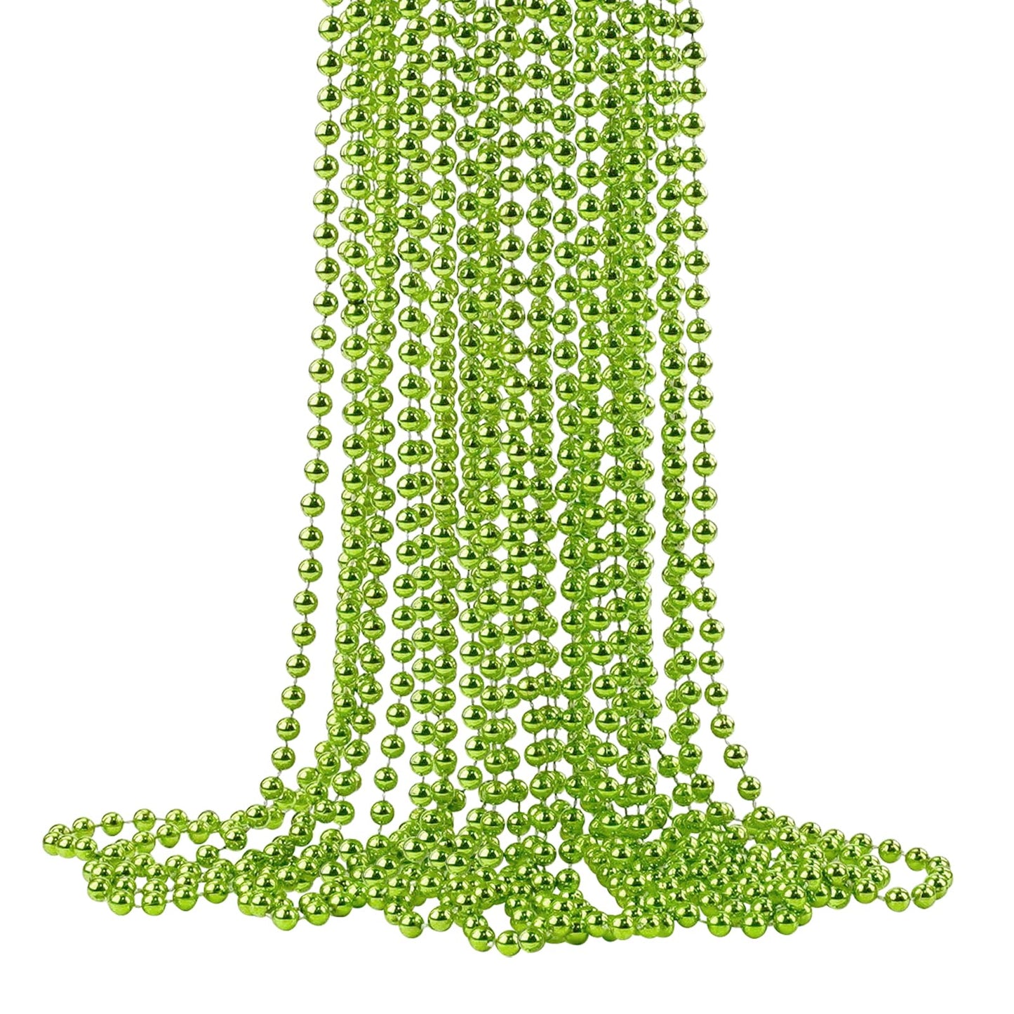 Yaxinrui 33 Inch 7 Mm Metallic Light Green Bead Necklaces, 15Pcs Mardi Gras Beads Bulk Round Beaded Necklaces Costume Necklace F
