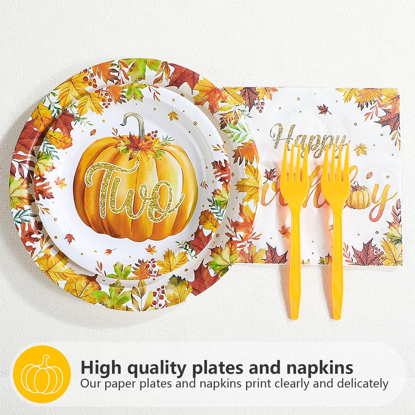 Grencian Fall Little Pumpkin 2nd Birthday Party Decoration - 96Pcs Little Pumpkin is Turning Two Plates Napkins Thanksgiving Bab