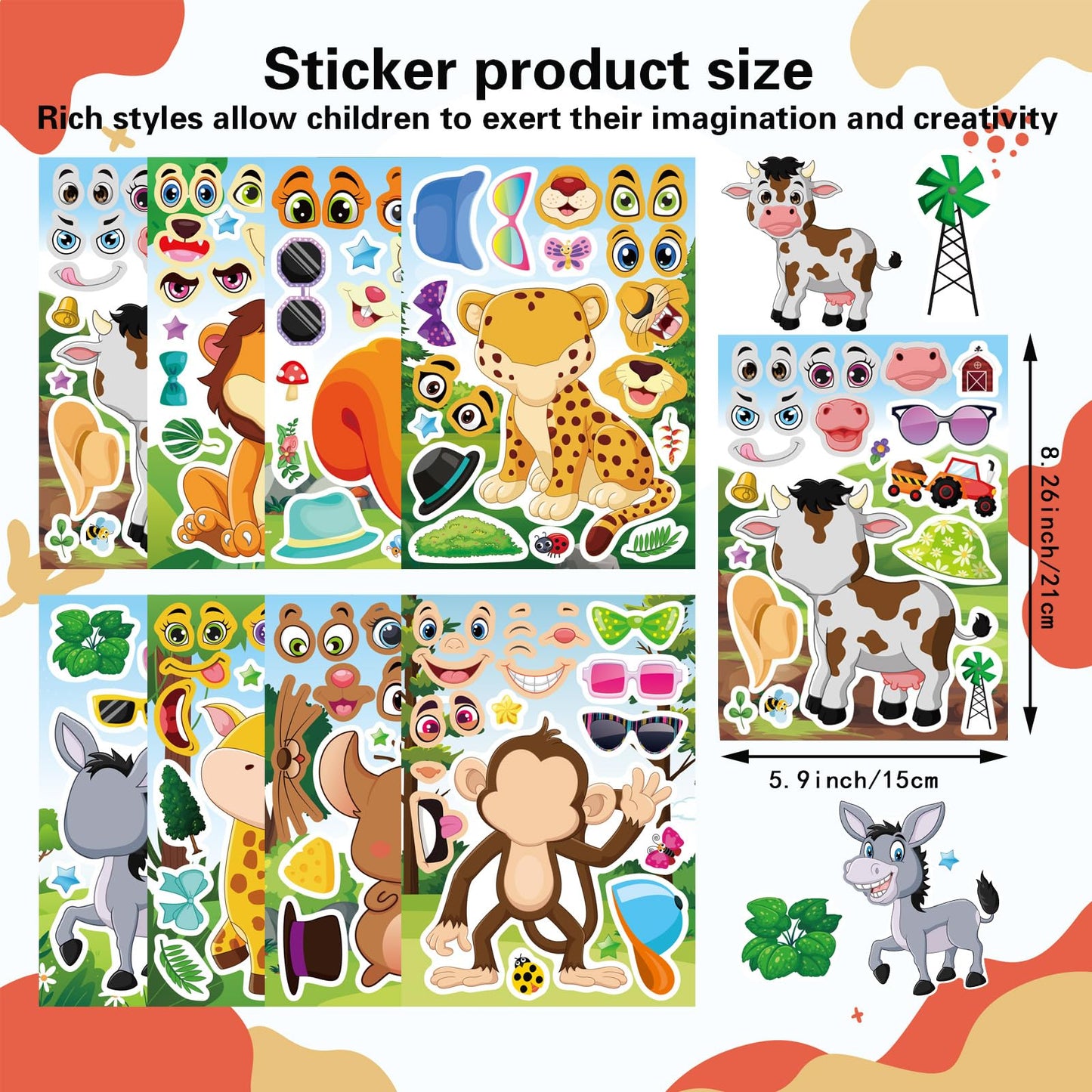 24 Sheets Animal Stickers For Kids Toddler, Jungle Animal Stickers Make-A-Face Sticker Sheets Make Your Own Animal Mix And Match