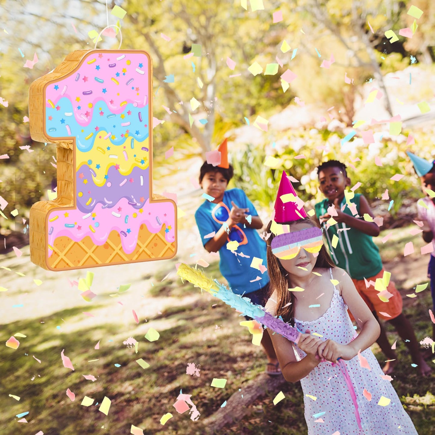 Aoriher Summer Birthday Piñata Ice Cream Game Set - Pink Cardboard with Bat, Blindfold, Mask & Confetti for Sundae Theme Party