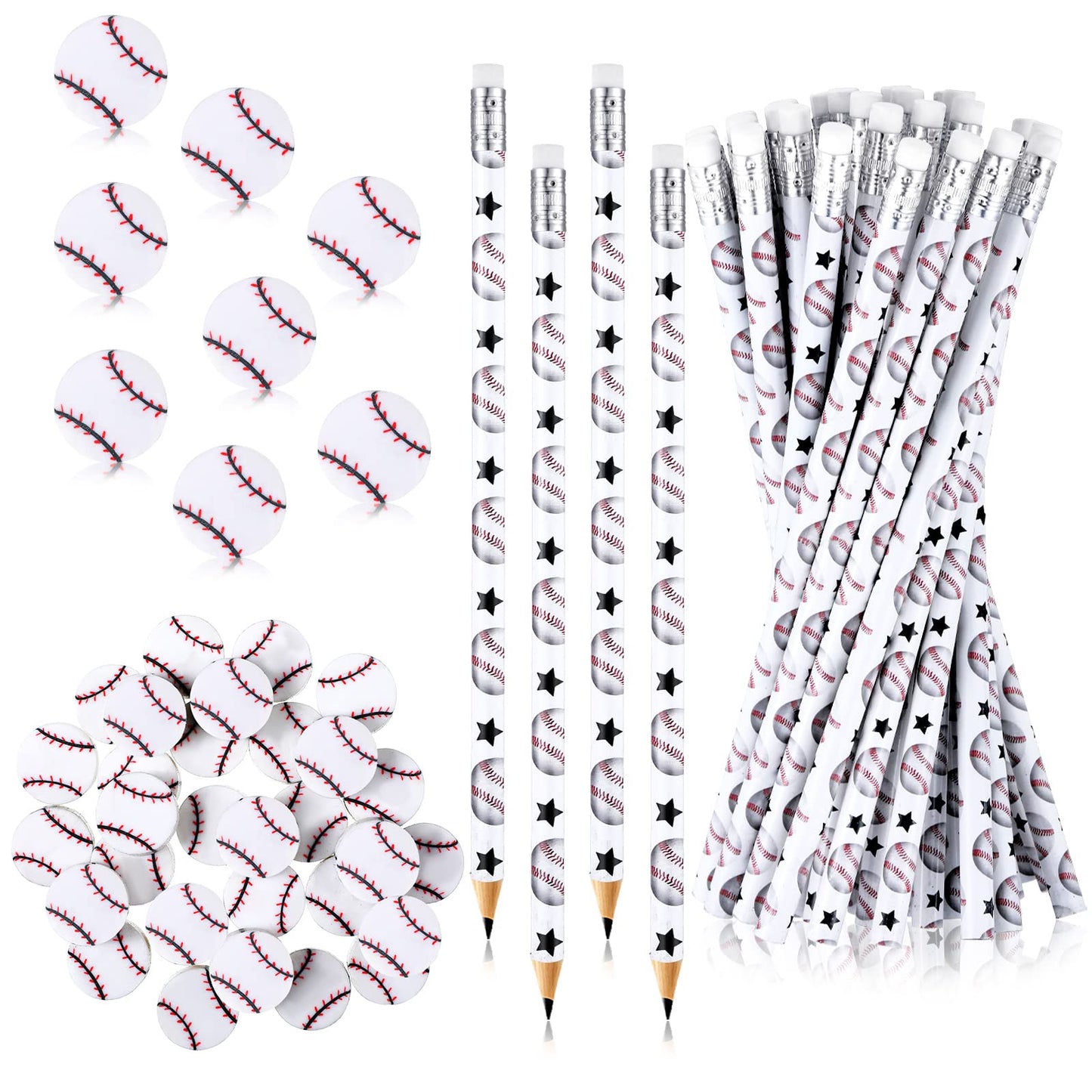 Tinlade 72 Pcs Sports Pencils And Erasers For Kids Fun Wooden Pencils For Kids Boys Sports Themed Birthday Party Favors Students Stationery Party School Office Supplies(Baseball)