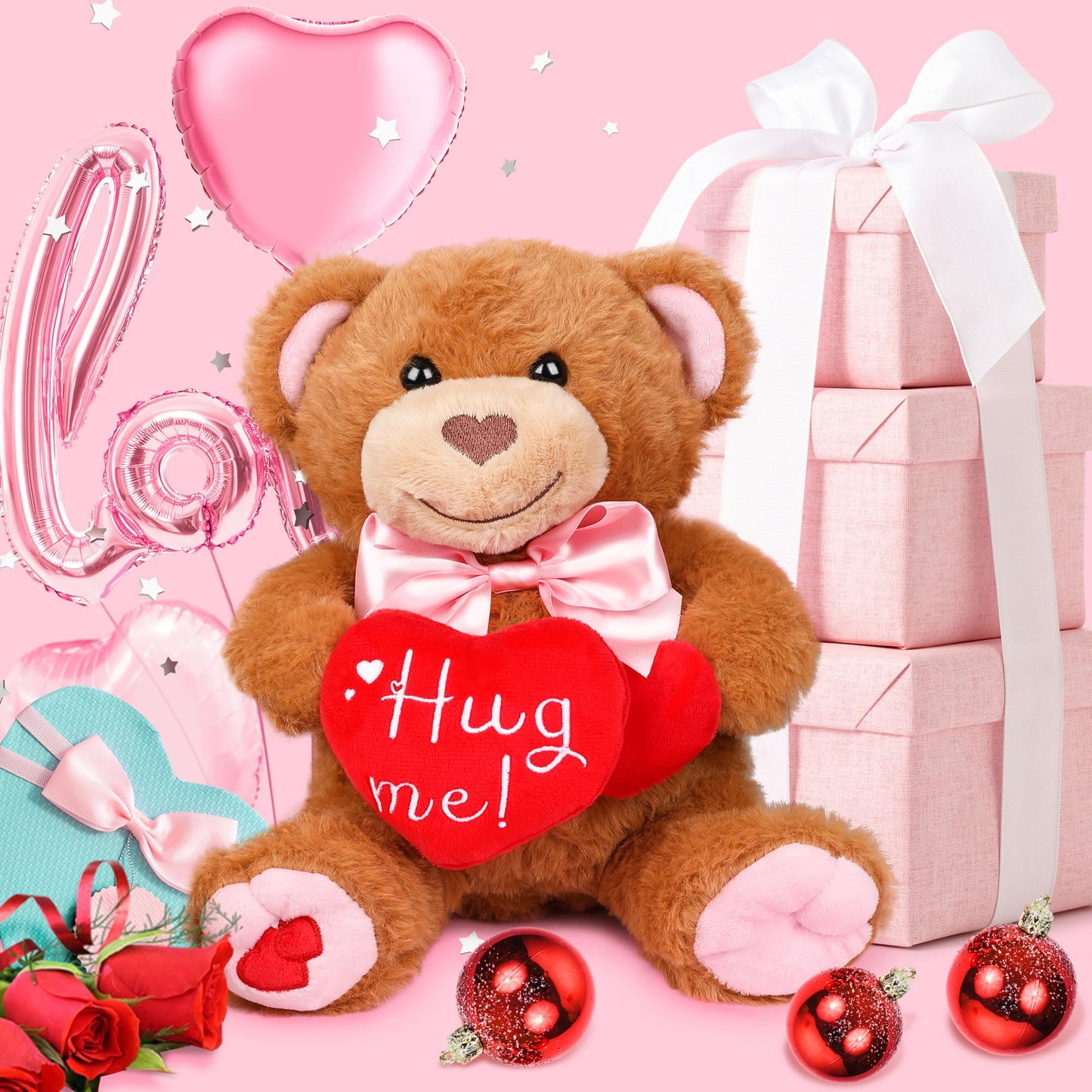 Bear Plush With Red Heart, 10 Valentines Day Bear Stuffed Animal, Cute Bear Plush Toy With Bow Sweet For Girlfriend Boyfriend