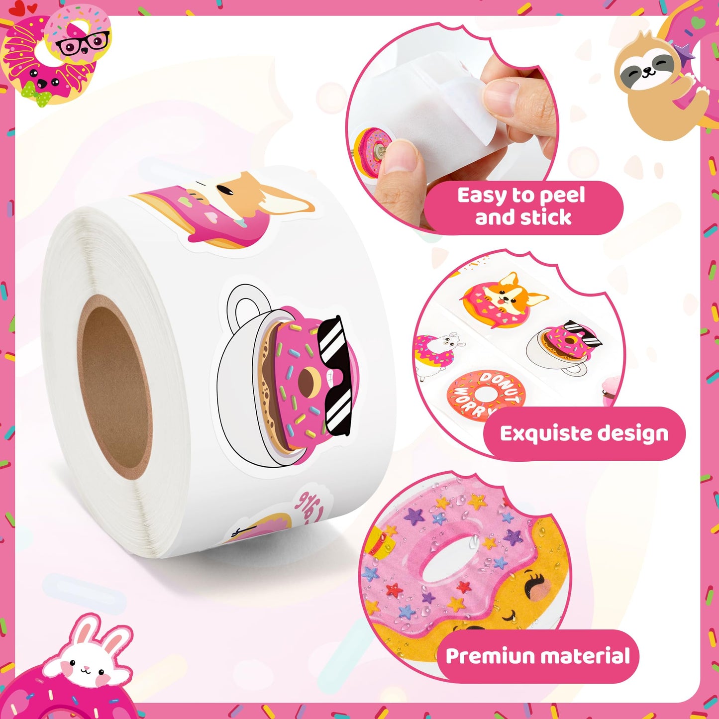 Beyumi Pink Donut Sticker Roll - 1000Pcs Donut Stickers In 2 Rolls Waterproof Vinyl Sweets Themed Cute Snack Dessert Decals For Gift Laptop Bottle Scrapbooking Luggage Computer Envelope Decor For Kids