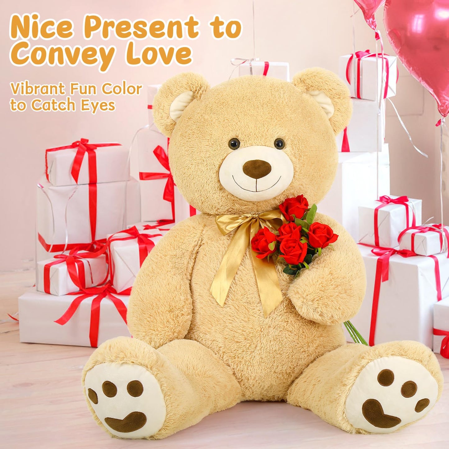 Morismos Giant Teddy Bear Stuffed Animal 4Ft, Big Teddy Bear Plush For Baby Shower, Life Size Stuffed Bear Gifts For Kids, Girls, Girlfriend, Women On Valentine, Christmas, Birthday(Light Brown)