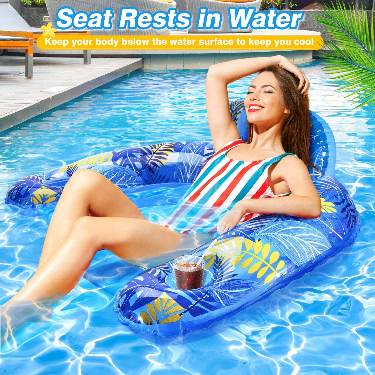 Inflatable Pool Float Chair, 2 Pack Pool Chair Floats For Swimming Pool Floats Adults Size Lounger With Backrest & Cup Holder, F