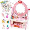 Wooden Vanity Set For Kids, Pretend Play Toddler Makeup Vanity With Acrylic Mirror, Beauty Salon Play Set For Little Girls Age 3