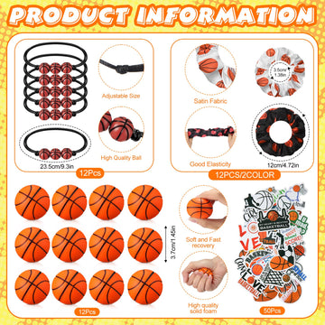 86 Pcs Basketball Party Favors, 50 Pcs Basketball Stickers, 12 Sports Stress Ball Mini Foam Ball, 12 Charm Bracelets 12 Scrunchi