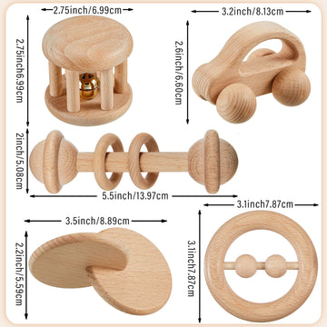 5 Pieces Wooden Baby Toys Wooden Toys For Babies 0-6-12 Months Wood Toys Rattles With Bells Montessori Wood Baby Push Car Wooden Newborn Toy For Infant Boys And Girls Gifts