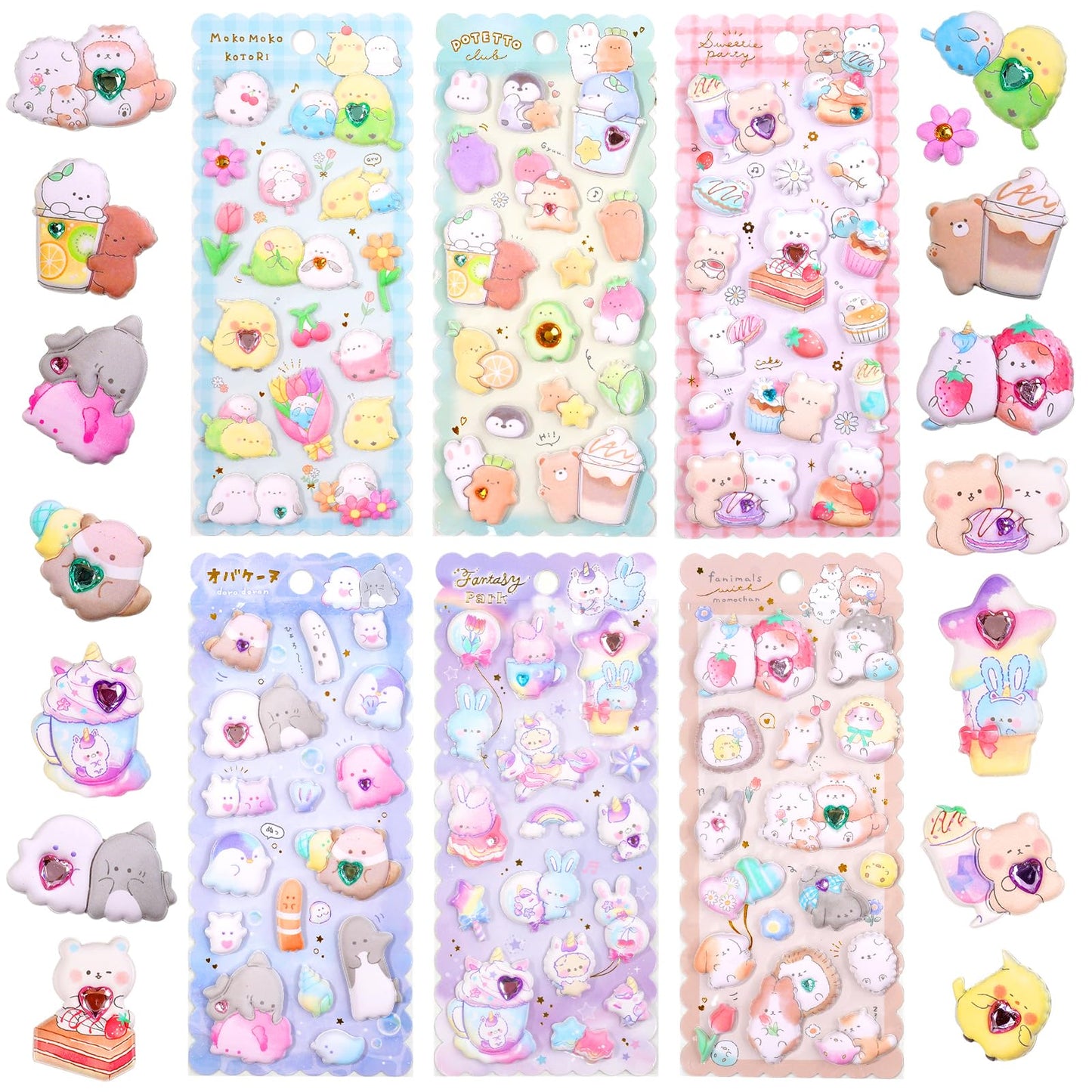Shangrla Puffy Stickers With Sparkly Gem Embellishment For Kids Girl -Cute,Kawaii,Soft,Thick,Large Japanese Puff Sticker For Adults –3D Squishies Puffer Sticker For Phone Case,Notebook,6 Sheets.