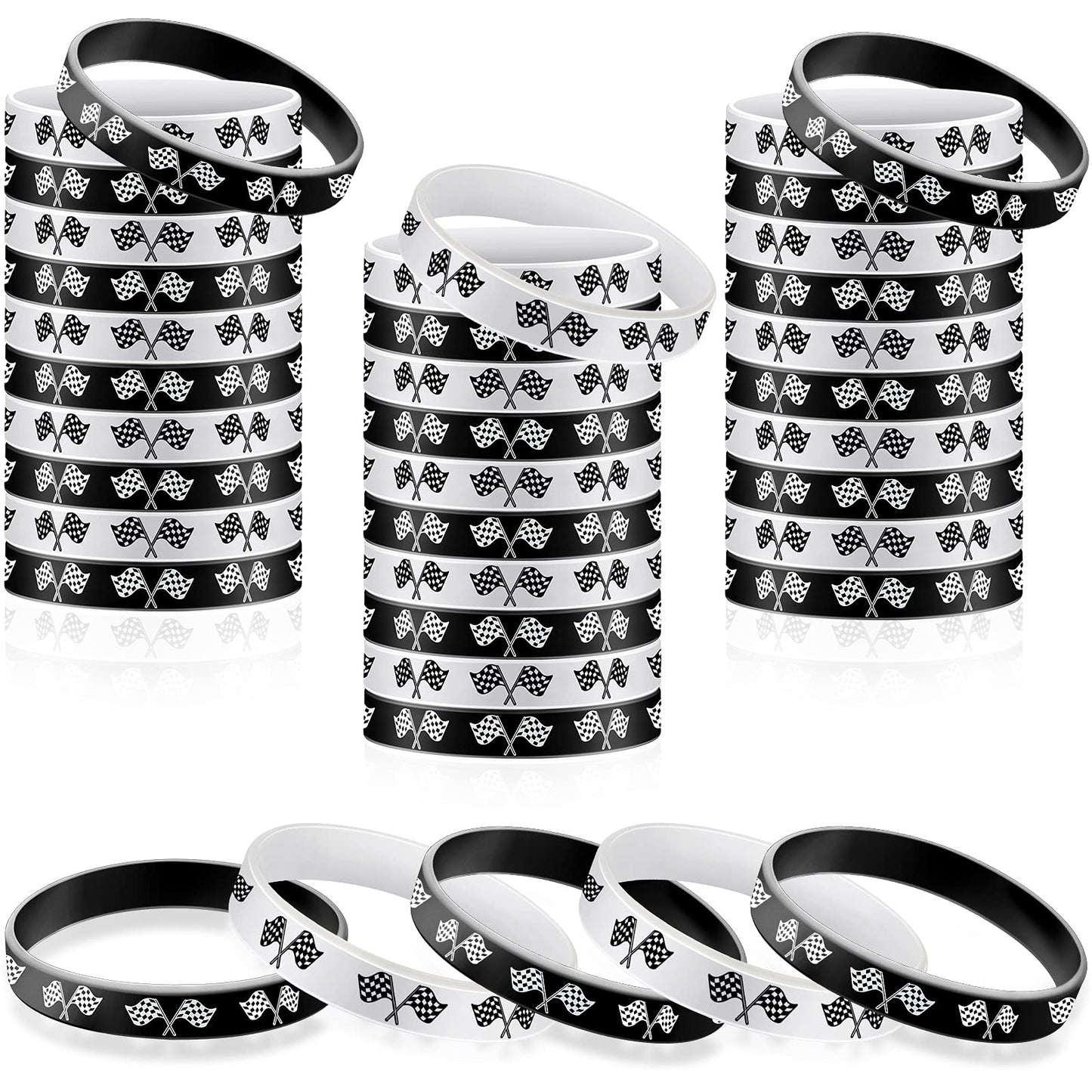 48 Pieces Racing Flag Rubber Bracelets 2.56 Inch Silicone Race Car Silicone Wristbands for Fitness, Racing, Dirt Bike, Basketbal