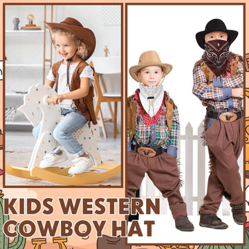 Unittype 20 Pcs Halloween Western Costume Cowboy Hats Set Kids Cowgirl Themed Party Felt Bandanna Hat with Paisley Bulk(Brown Se