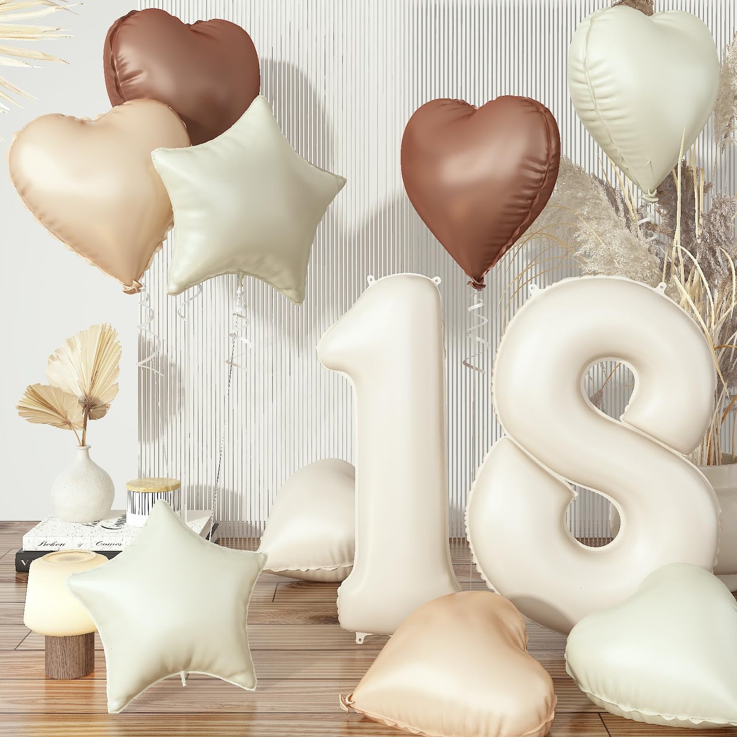 Nude 18 Balloons Decor For Girls, Beige Apricot Brown Tan Heart Balloon, Sand White 18 Balloon Boho Decor, Neutral Cream Foil St