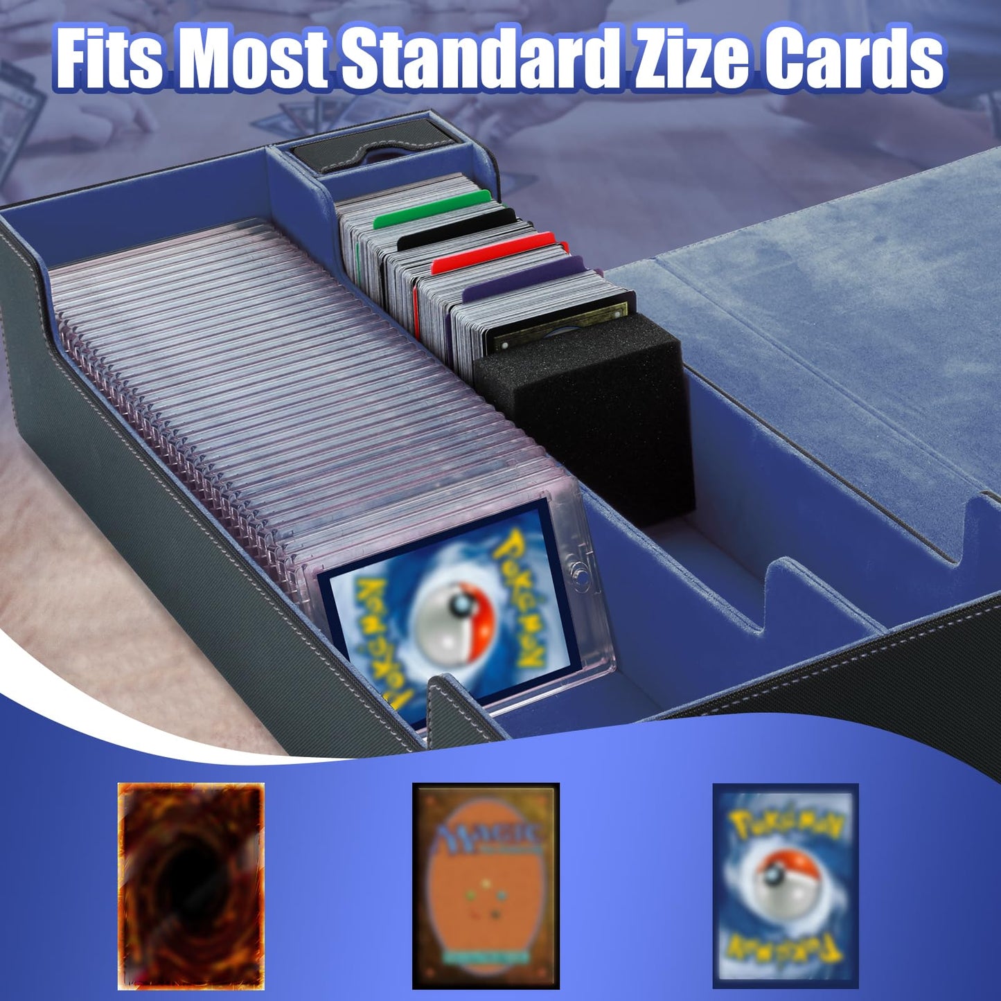 Trading Card Storage Box 2200+ MTG Deck Box Leather Magnetic Closure Commander Deck Box Holds 5 Small Deck Boxes Includes 1 Small Box 8 Dividers 1 Foam Stopper 1 Toploader Black/Blue