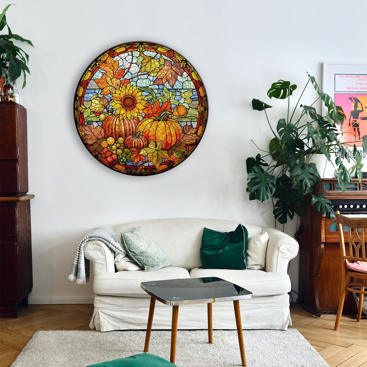 Stained Glass Puzzles For Adults,Halloween Thanksgiving Puzzle, Pumpkin Sunflower Puzzles Autumn, Fall Puzzle 1000 Pieces, Round Hard Impossible Challenging Jigsaw Puzzles