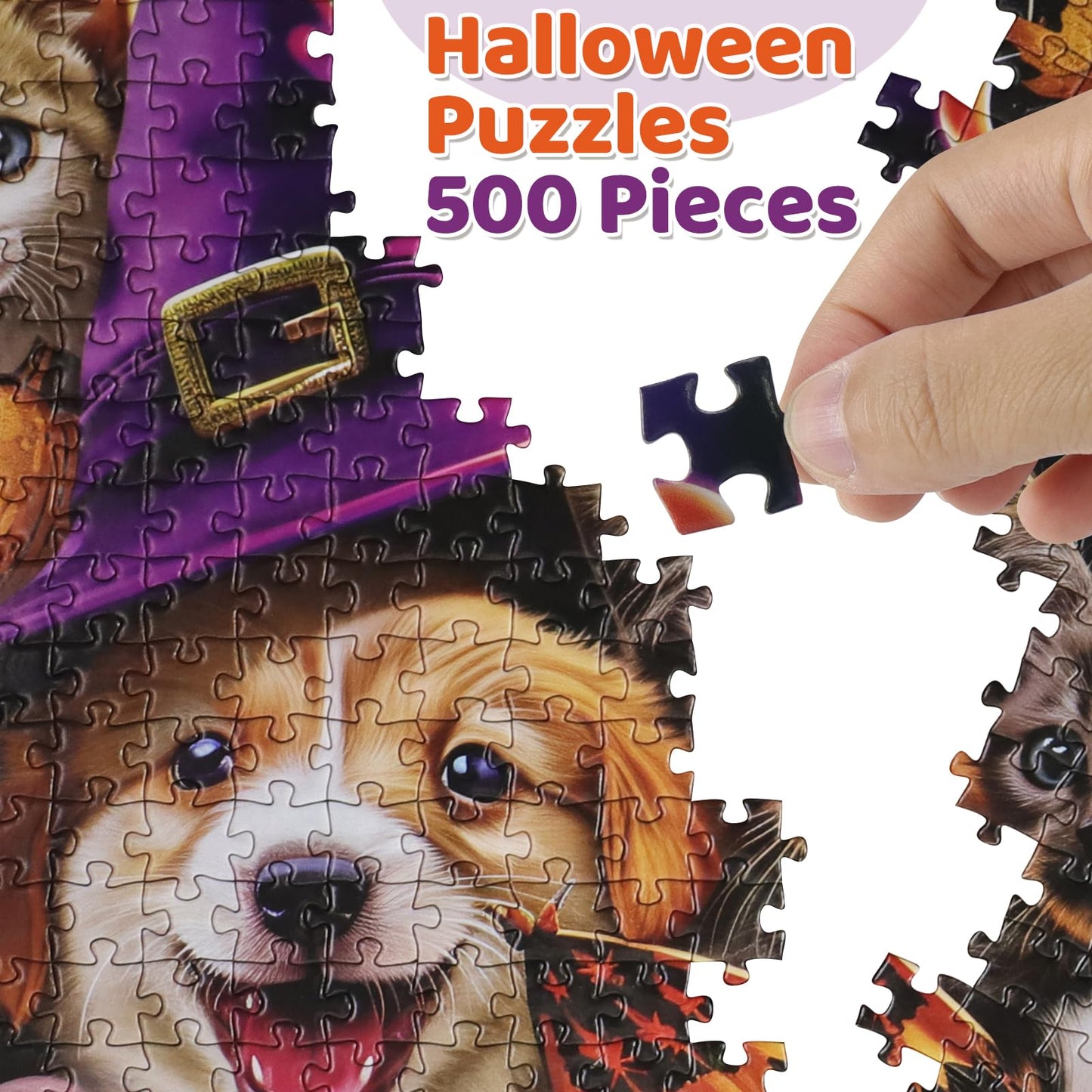 Motiloo 500 Piece Halloween Pet Jigsaw Puzzle Set For Adults - Cute Dogs And Cats Gathered For Carnival Night Group Photo - Perfect Halloween Decor