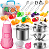 Tigerhu 26PCS Play Kitchen Accessories, Kitchen Pretend Play Cooking Toys w/ Stainless Steel Cookware, Apron & Chef Hat,Pots and