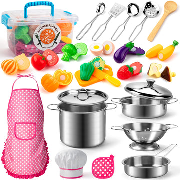 Tigerhu 26PCS Play Kitchen Accessories, Kitchen Pretend Play Cooking Toys w/ Stainless Steel Cookware, Apron & Chef Hat,Pots and