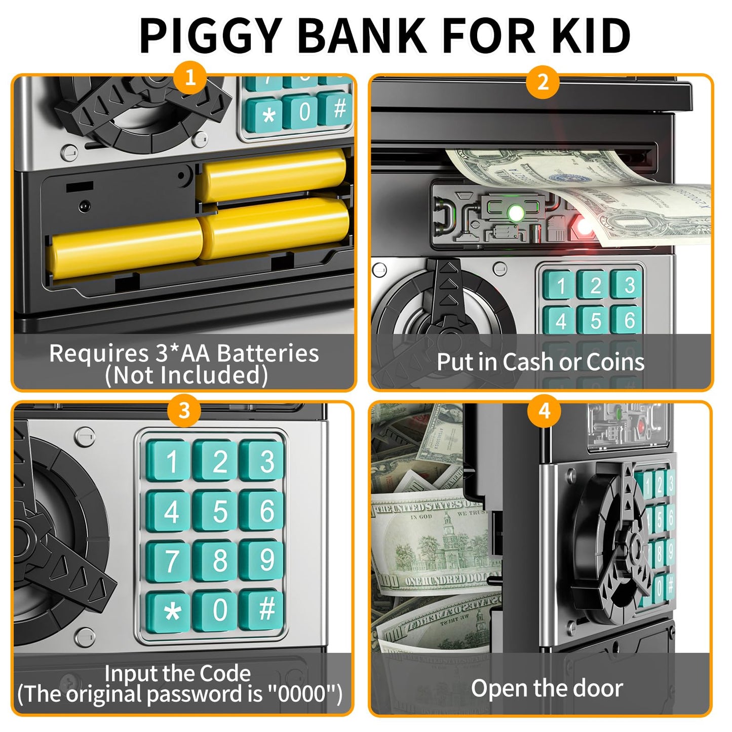 Temi Piggy Bank For Kids, Electronic Coin Money Bank For 3 4 5 6 7 8 9 10 Year Old Boys Girls Gifts, Cash Coin Can Atm Bank For Kids 5-7, Christmas Birthday Gifts (Black)