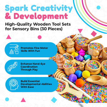 Sensory-N-Stuff - Rainbow Rice And Sensory Bin Tools (30 Pieces), Wooden Sensory Bin Tools And Scoops With Chemical-Free And Foo