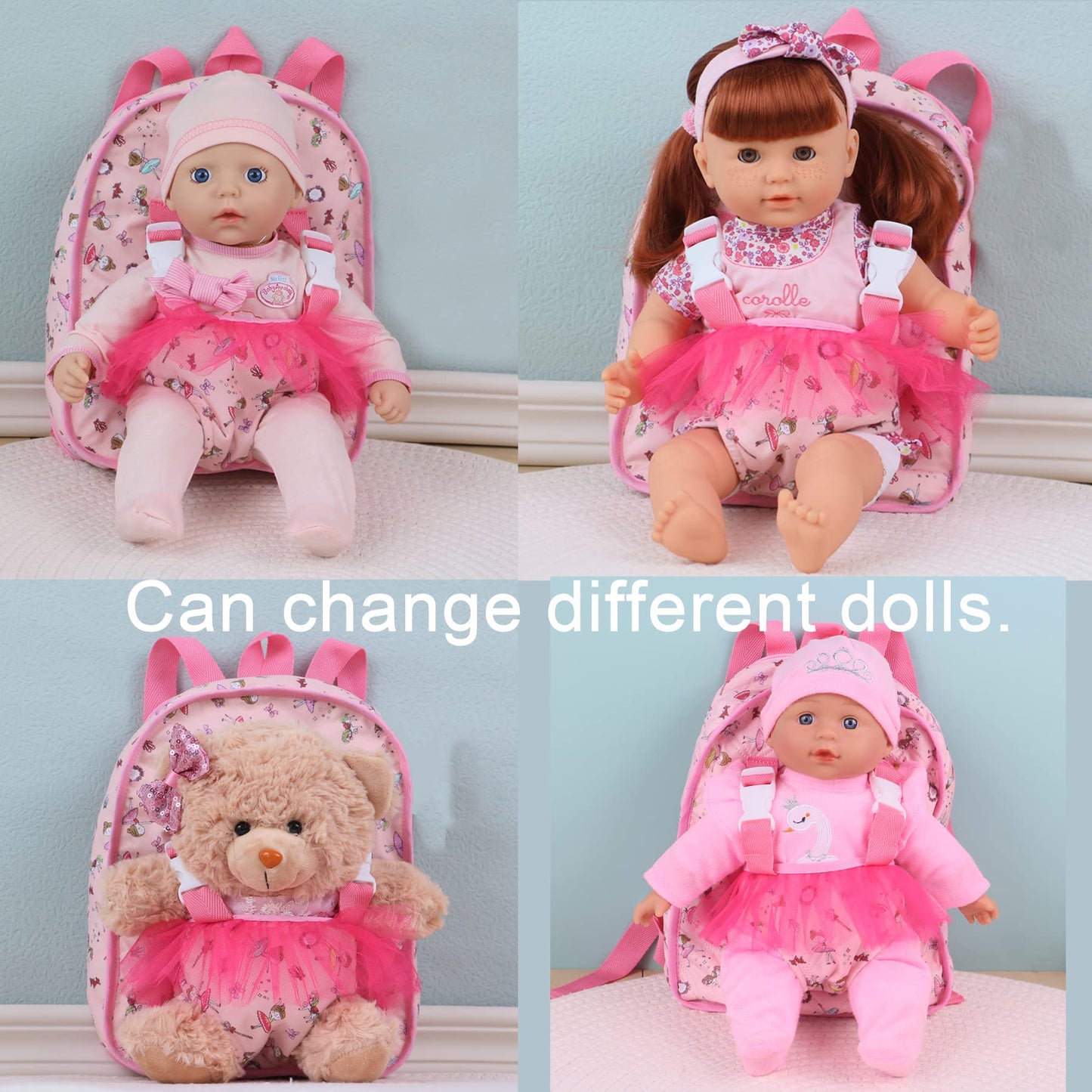 Haveahug 13'' Soft Baby Doll With Take Along Pink Doll Backpack Carrier, 6 Piece Play Set With Bottle & Accessories(Pink)