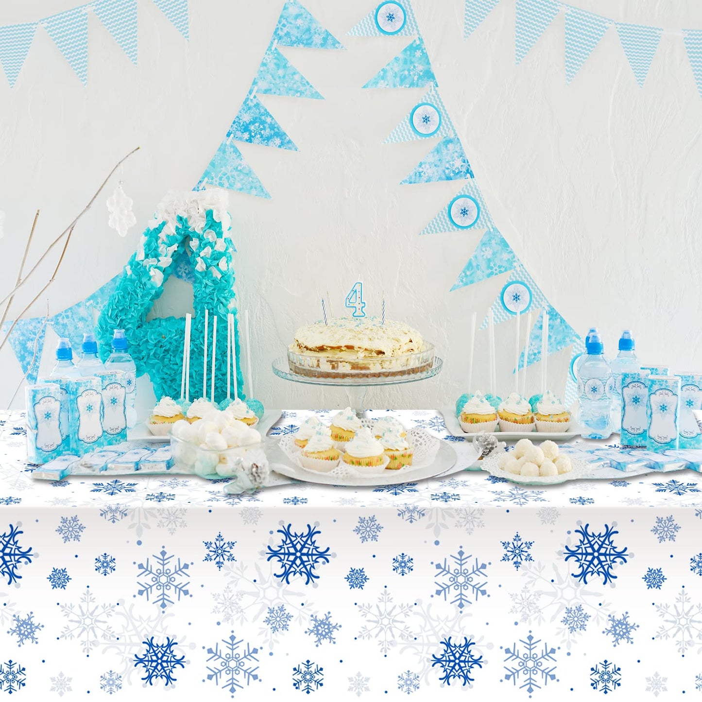 3 Pieces Snowflake Christmas Party Tablecloth Decorations,Plastic White Snowflake White Blue Xmas Backdrop Sign Table Cover Bann