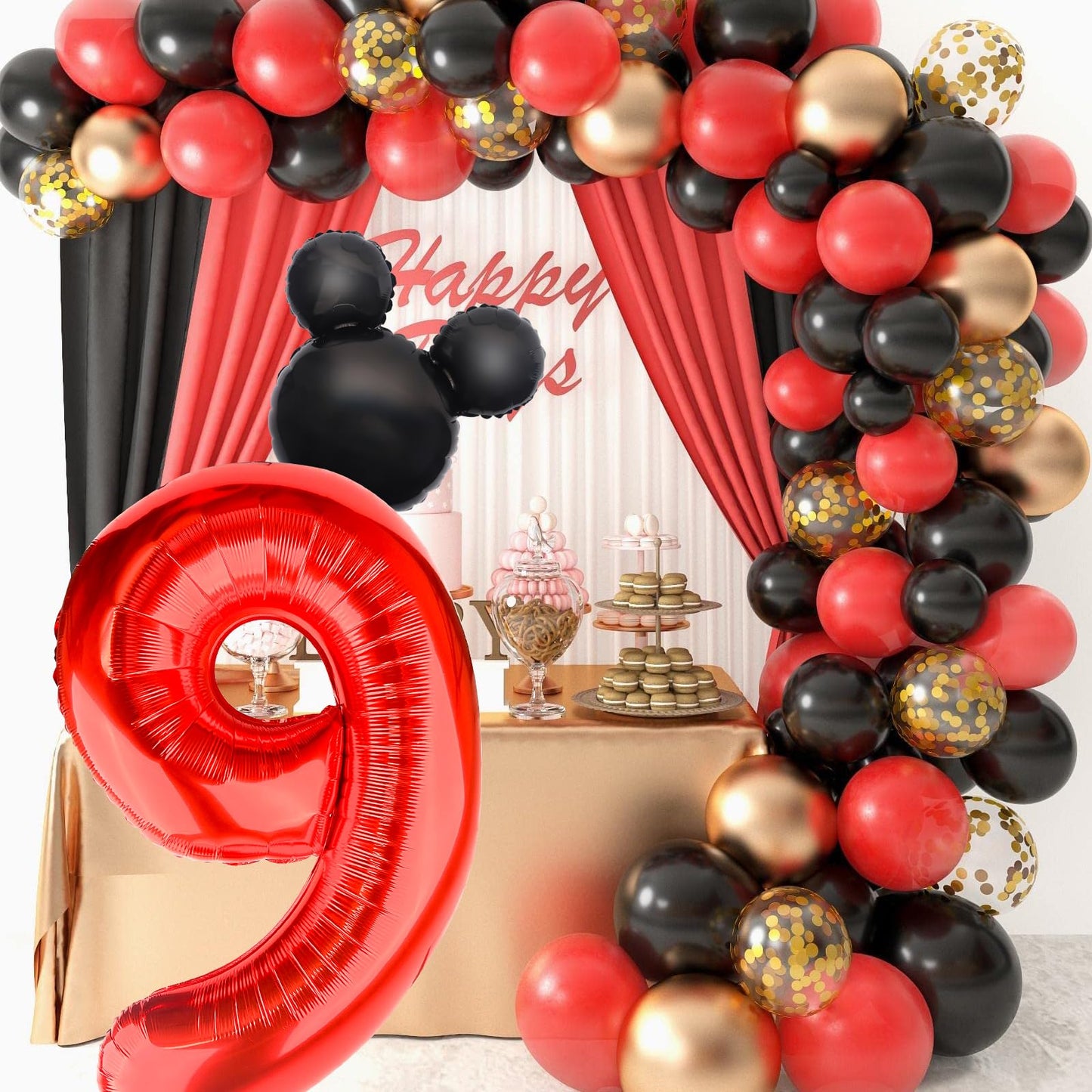 Mouse Number 9 Balloon 40 Inch Red Number 9 Balloon Mini Mouse Head Balloon Large Number 9 Balloon Black Red For 9Th Mouse Themed Birthday Baby Shower