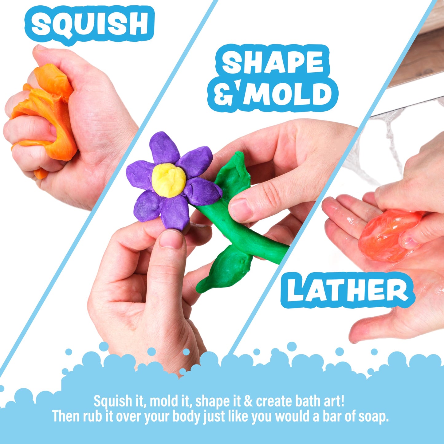Tub Works® Bath Dough™ Moldable Kids Soap Bath Toy, Variety 6 Pack | Shape, Mold & Create Bath Art With Soap Dough | Soft & Moldable Kids Bath Soap For Shaping | Sensory Fun Toddler & Kids Bath Toys