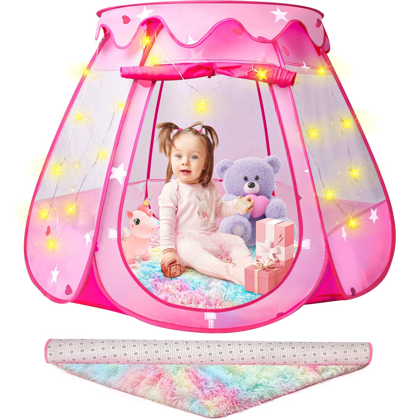 Princess Castle Girls Play Tent With Rainbow Rug Star Lights Pop Up Play Tent For Toddlers Kids Dishio Playhouse Toys For 1,2,3 Years Birthday Gifts Fairy Girls Tent With Mat Indoor Outdoor Kids Play