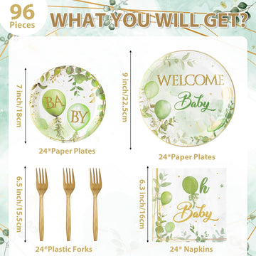 G1ngtar Welcome Baby Greenery Baby Shower Party Plates Supplies- Serves 24-96Pcs Sage Green Balloon Party Tableware Decorations