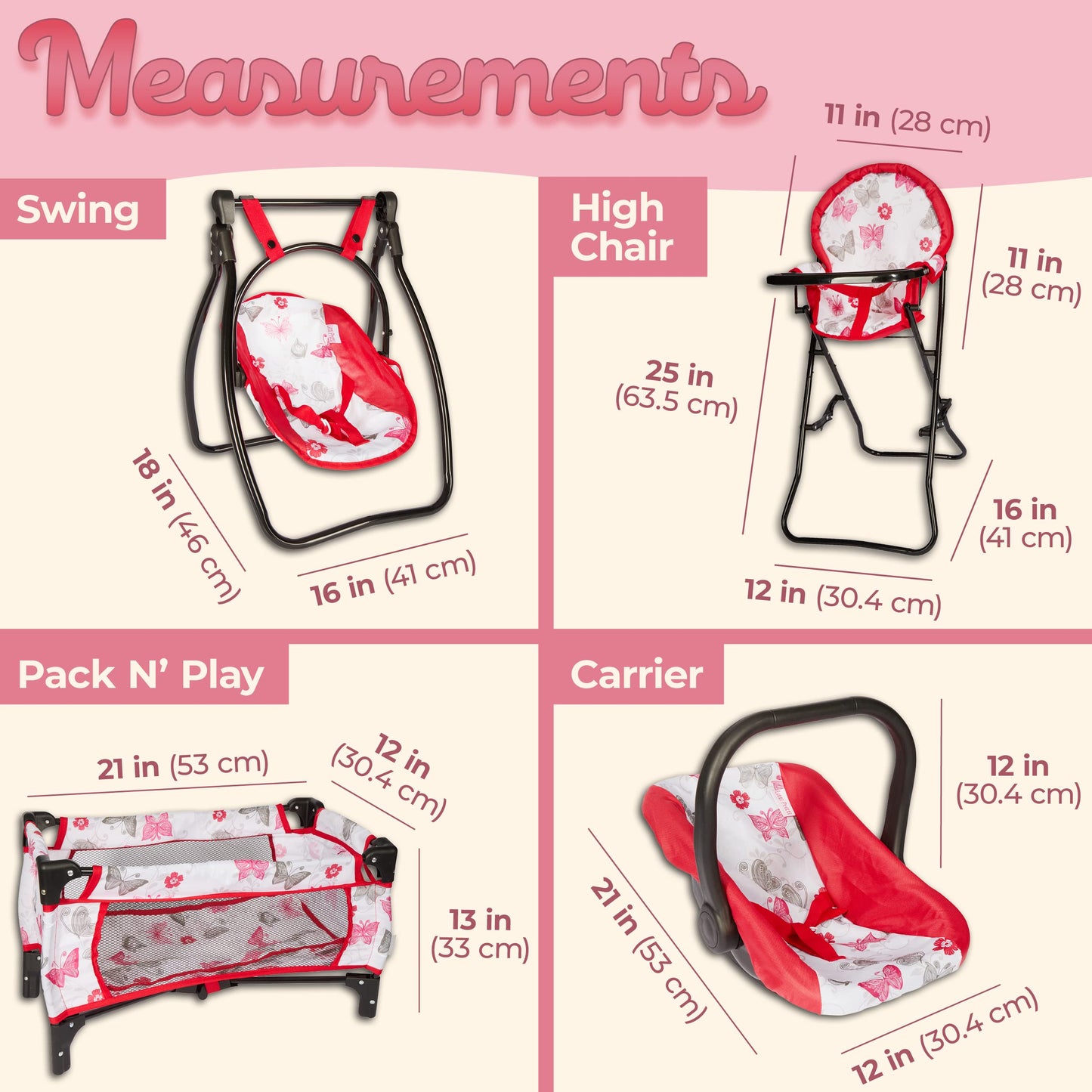 Litti Pritti 18-Inch Baby Doll Nursery Playset - Swing, High Chair, Pack-N-Play And Carrier