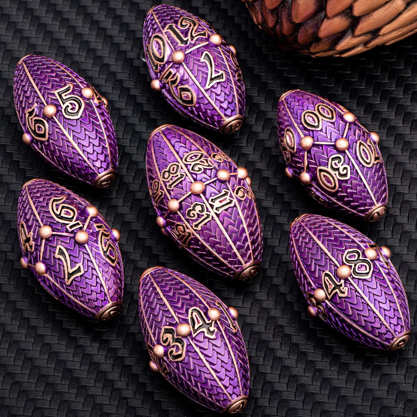 Aruohha Dnd Metal Dice Copper Purple Dragon Egg Dice With Metal Box, Role Playing Game Rpg Polyhedral D And D Dice Set D20 D12 D
