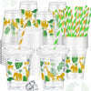 Foldtier 50 Pcs Jungle Safari Animals Cups Disposable Plastic Cup 12 Oz Golden Green Cups Thick Wild Theme Clear Cups Lids Straw