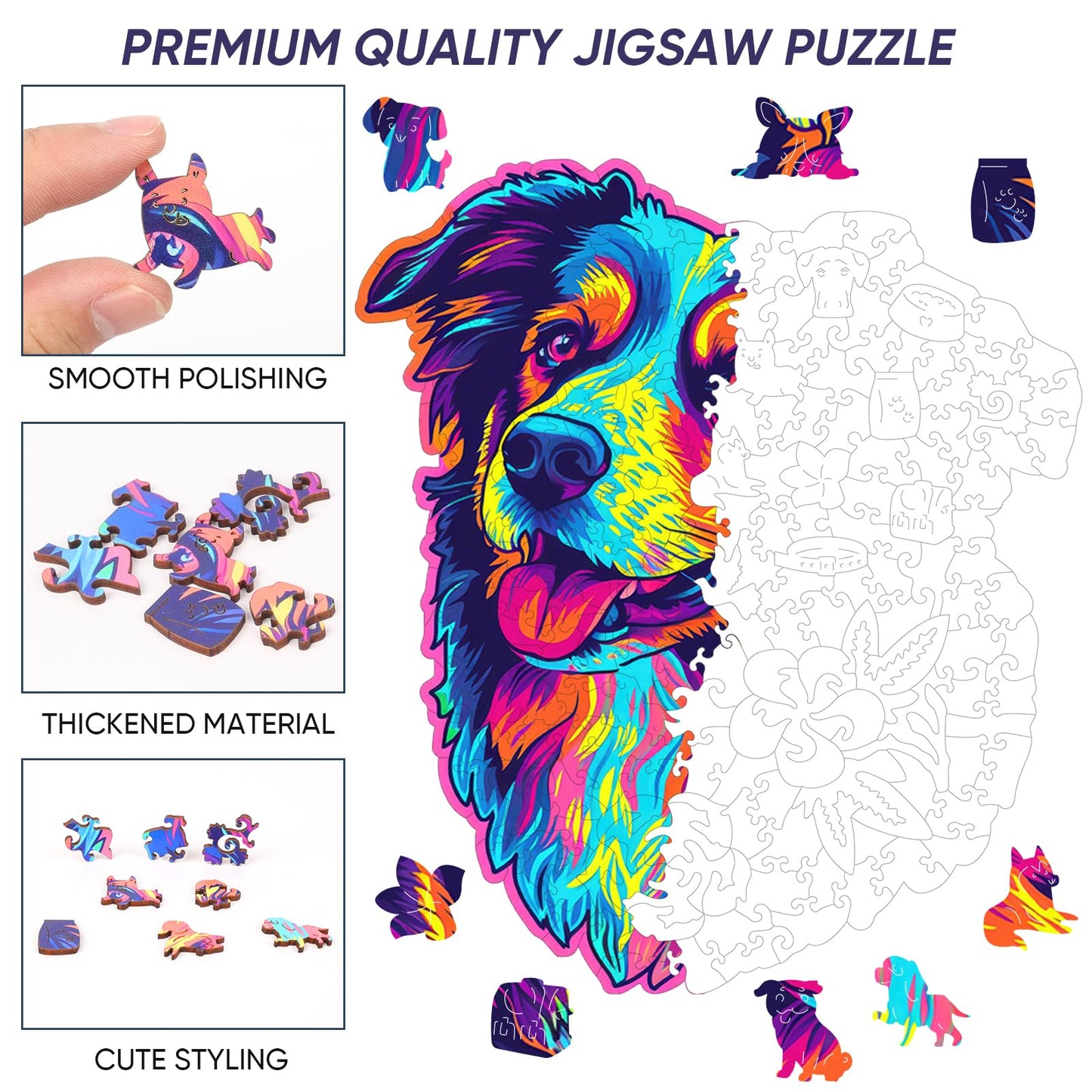 Australian Shepherd Dogs Wooden Puzzle Stained Colorful (9.7 * 11.2In-200Pcs) Art Painting Wooden Puzzle For Kids Adults, Birthd