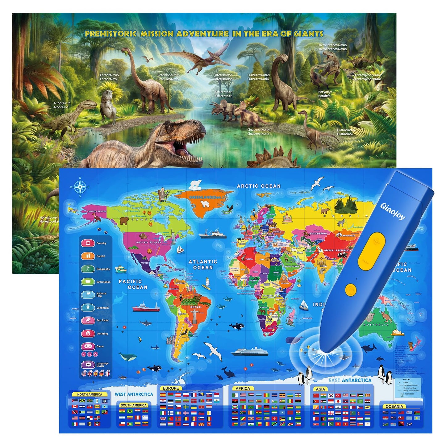Bilingual Interactive Kids Talking World Map & Dinosaur Poster for Kids Learning and Educational Toys, Talking Educational Toys