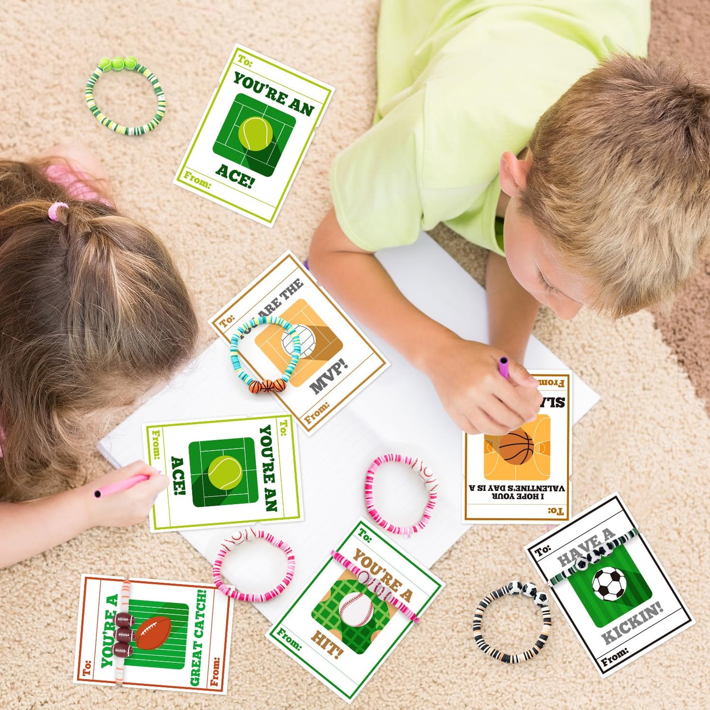 MOVINPE Valentines Day Exchange Gifts for Kids Classroom, 24 Pack Sports Charm Friendship Bracelets with Valentines Day Cards, C