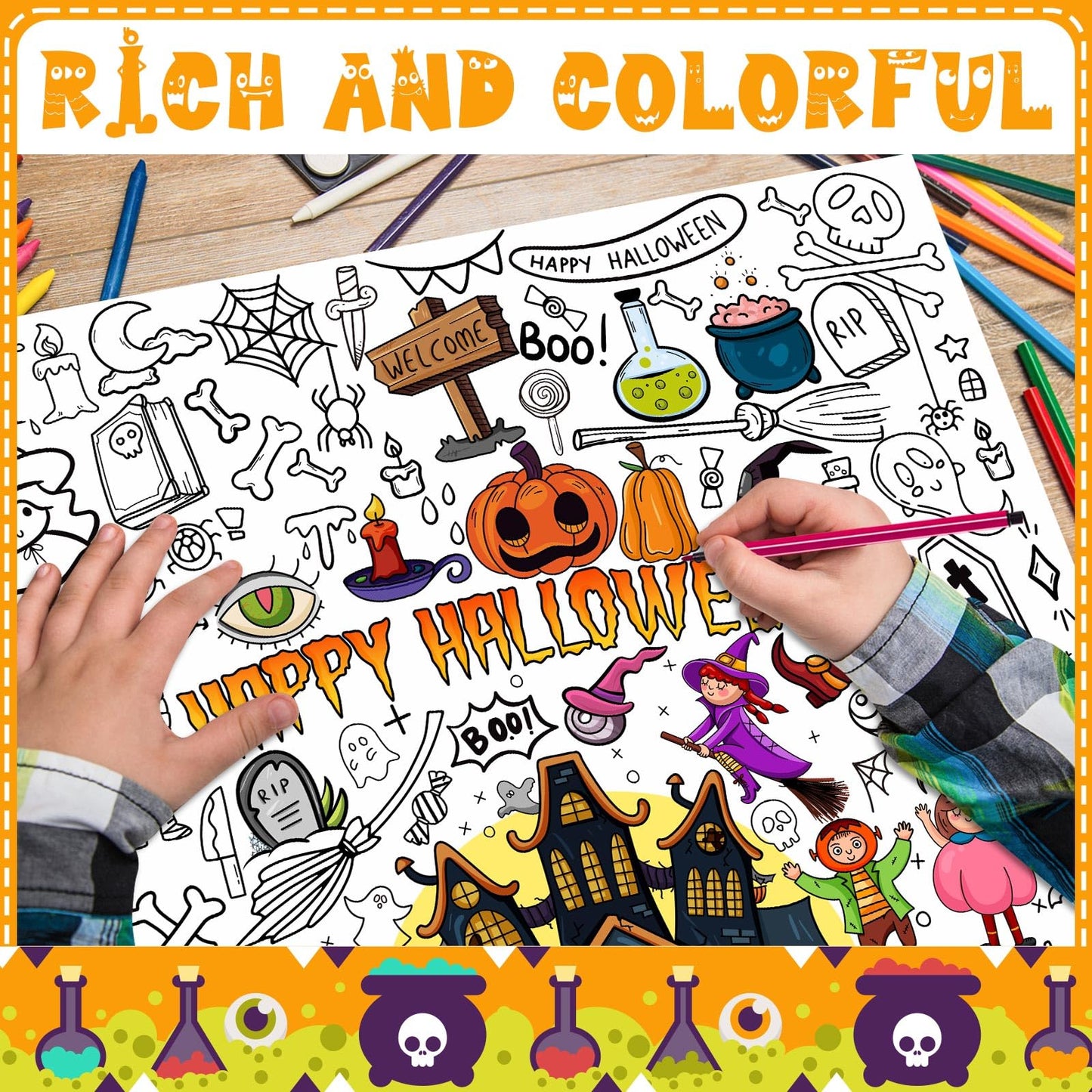 Halloween Giant Coloring Poster With 24 Pcs Paint Pens, 31.5 X 39.37 Inch Jumbo Coloring Poster With Pumpkin, Huge Coloring Pape