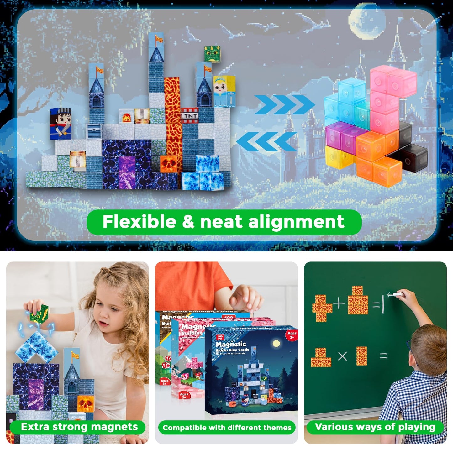 Annexfun Magnetic Blocks - 100 Pcs Build Blue Castle Christmas - Magnetic Toys For Montessori Toddler Christmas Birthday Gifts - Stem Sensory Toys For 3 4 9 10 Year Old Boys & Girls