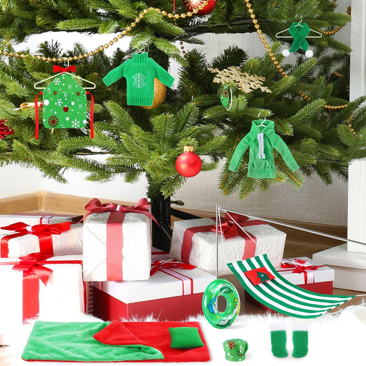 Bencailor 12 Pcs Christmas Elf Doll Accessories Set Include Elf Sleeping Bag Pillow Scarf Mask Eye Patch Sweater Hoodie Shoes Ha