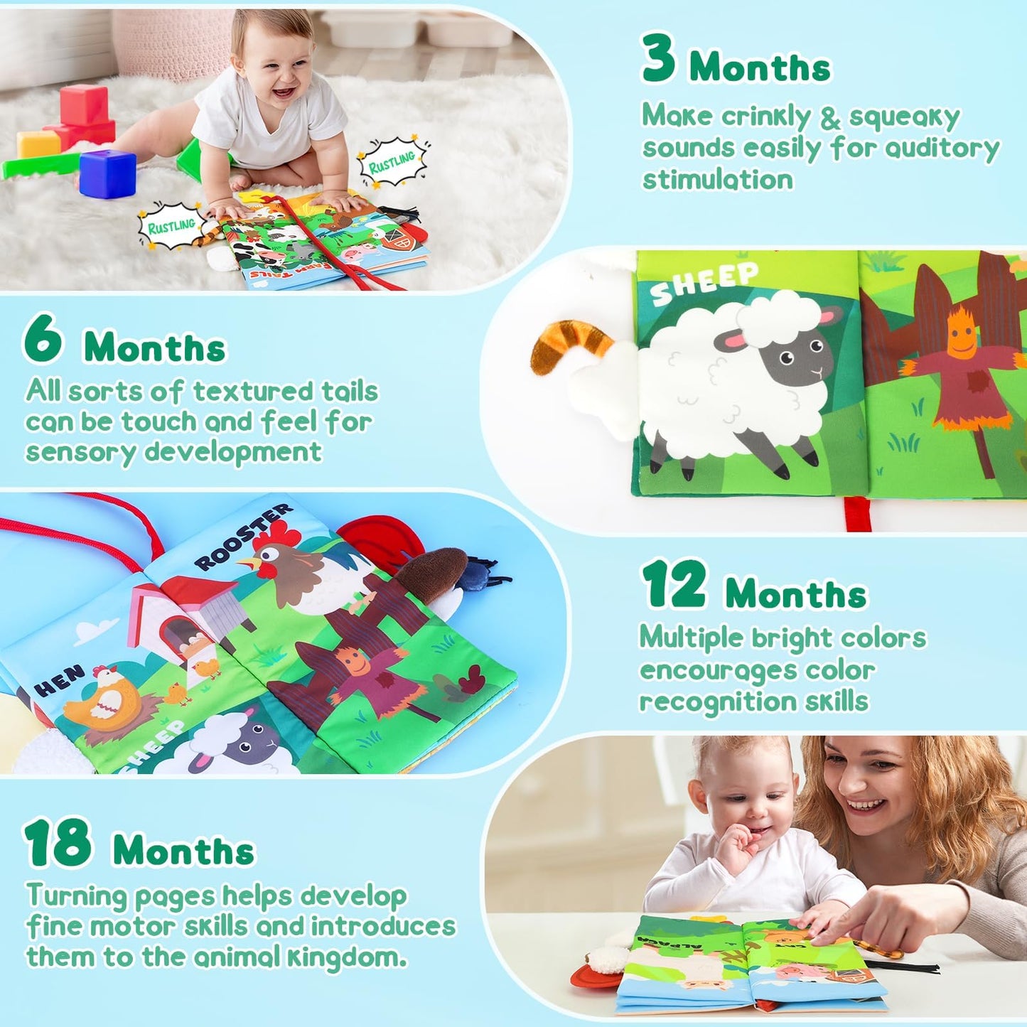 BBWOO Baby Books 0-6 Months - Baby Boys Girls Shower Gifts - Tummy Time Baby Toys 0-6 6-12 Months - Crinkle Cloth Book - Infant Toys - Newborn Books - Touch and Feel Baby Books - Soft Stroller Toys