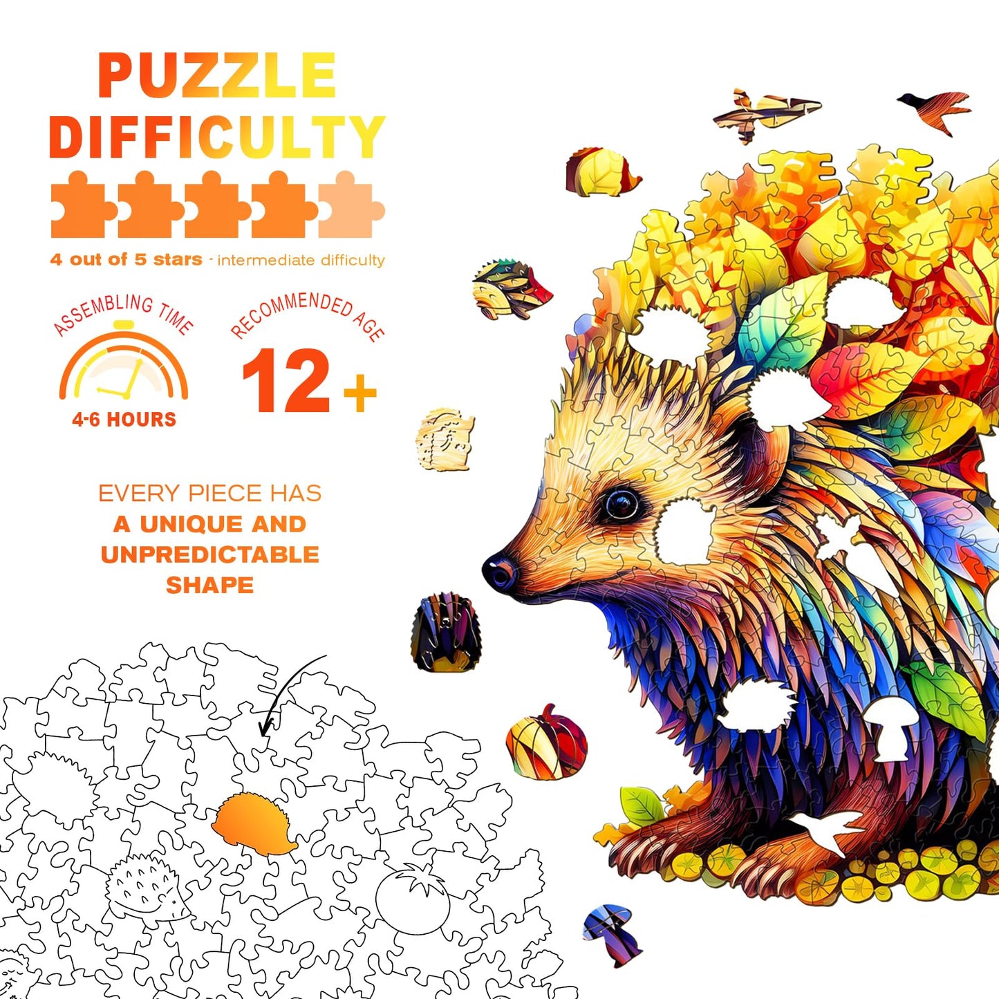 Wooden Puzzles For Adults - Unique Shaped Wooden Puzzles For Adults - Clever Hedgehog Wooden Jigsaw Puzzles - Animal Wooden Puzz