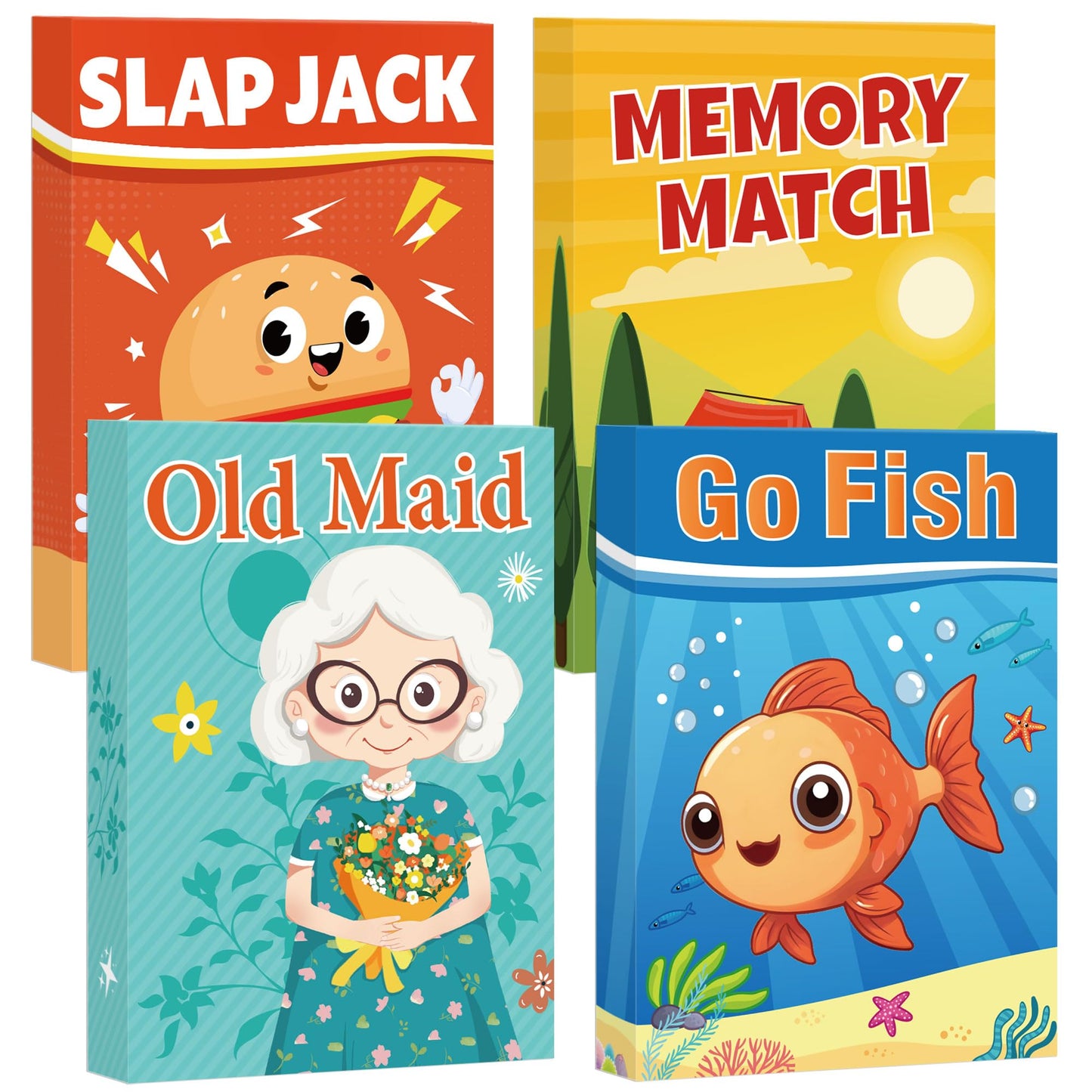 Etyishe Card Games For Kids Toddlers,Go Fish,Old Maid,Slap Jack And Memory Match,4 Decks In 1 Pack,Fun Educational Gard Games Fo