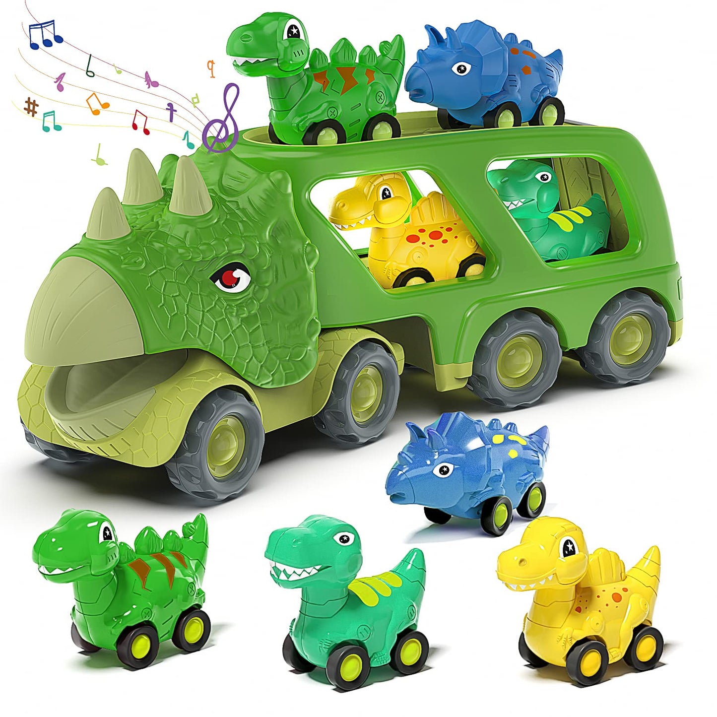 Car Toy for 2 3 4 5 Years Old Boys, Dinosaur Transport Carrier Truck with 4 Pack Small Pull Back Dino Car, Friction Power Vehicl