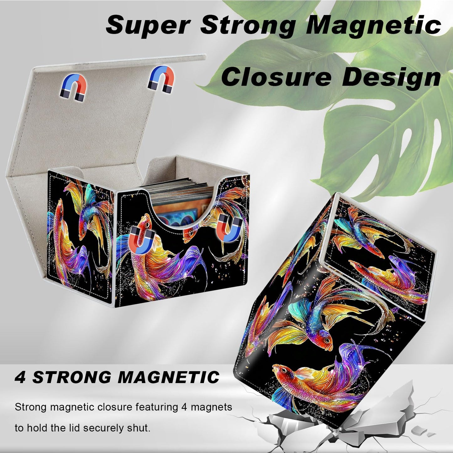 DEGDFSGR Commander Card Game Storage Box for TCG MTG Deck Box Organizer Trading Card Case Magnetic Closure Creative Pattern Up to 200 Cards Colorful Beautiful Betta Fish