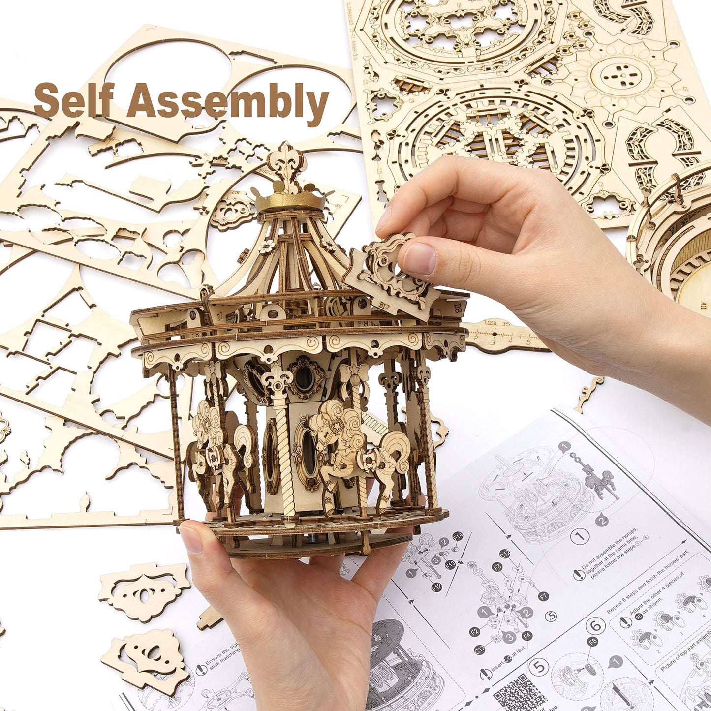 Rokr 3D Wooden Puzzles For Adults Mechanical Music Box Romantic Carousel, Diy Music Box Model Building Kits For Teens, Diy Crafts/Hobbies/Gifts Desk Decor For Girls Ages 14+ (Romantic Carousel)