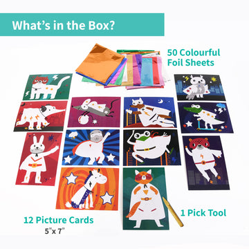Chalk And Chuckles Paper Art And Craft Kit; Fabulous Foil Art; Gift For Boys; Girls Age 4-9 Year Old; Create 12 Superhero Animal