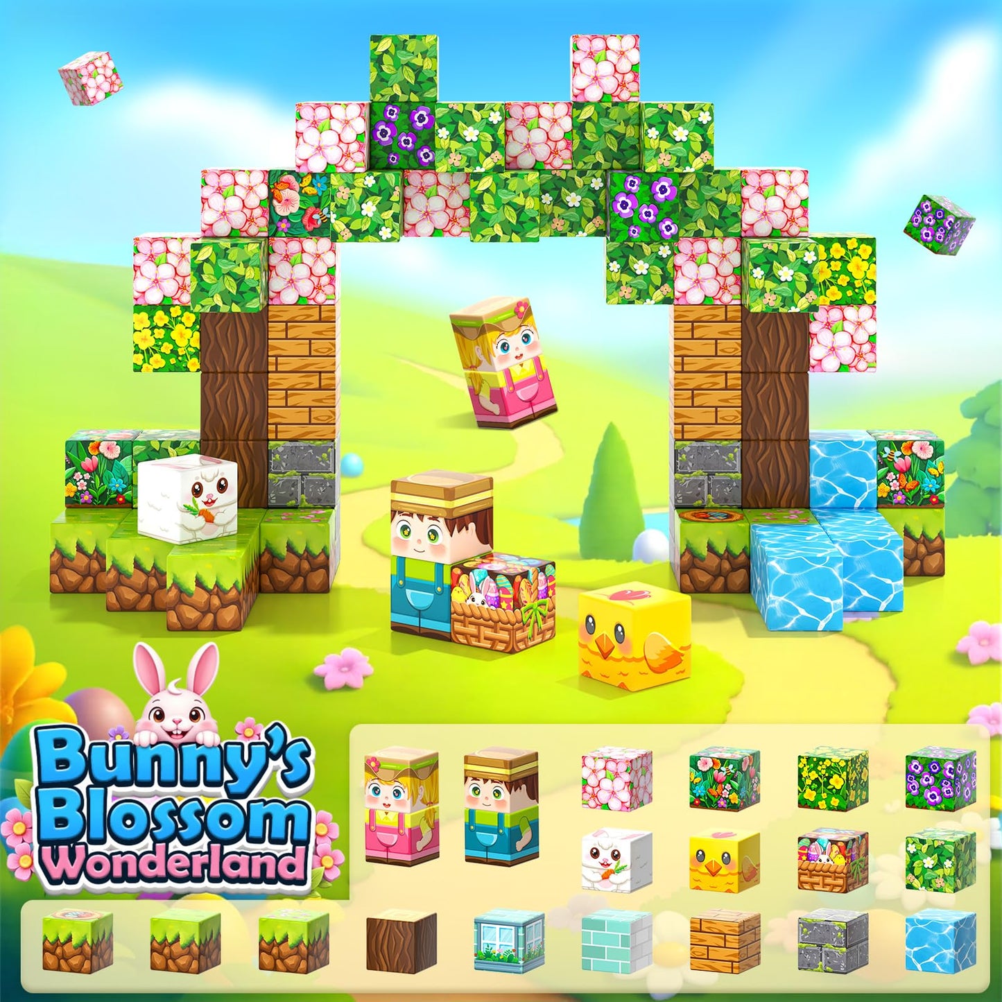 108PCS Magnetic Blocks Kids Magnet Toys, Large 1 inch Building Cubes with Puzzle Panel, Mine Magworld Easter Bunny Garden Buildi